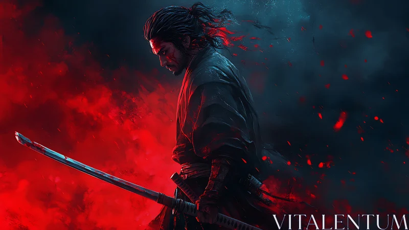 Brooding samurai stands in crimson smoke and shadowed storm