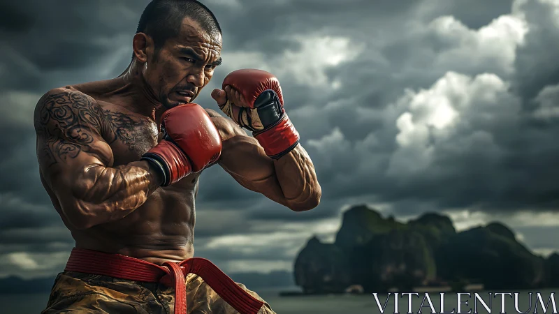 Muay Thai fighter isolated in dynamic coastal storm lighting