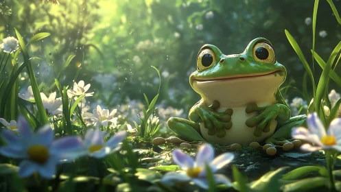 Cheerful green frog basks in sunlit meadow of wildflowers