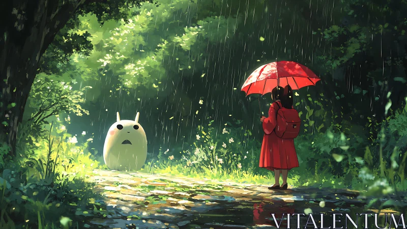 Rainy forest meeting between a girl and a shy creature.