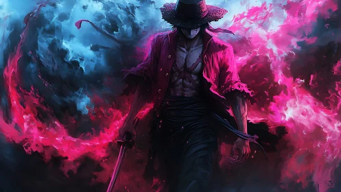 Sword-wielding warrior strides through neon inferno clouds