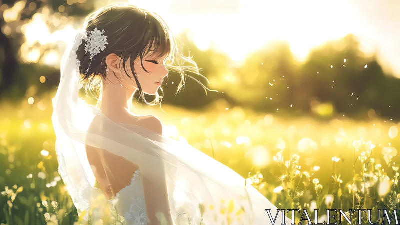 Side-profile bride illustration in sunlit outdoor field scene