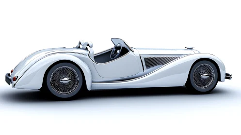 Streamlined vintage roadster in glossy white profile view.