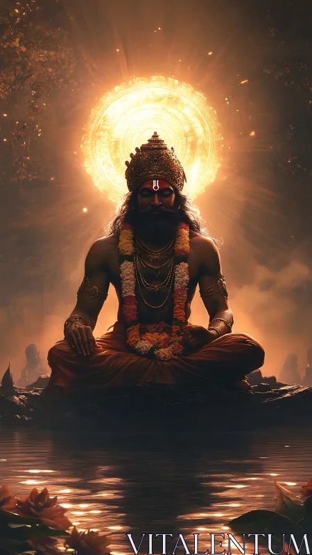 Radiant meditative deity before blazing golden halo.