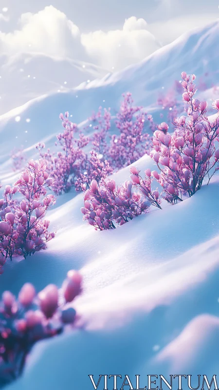Pink flowering shrubs grow across soft snow-covered hills