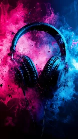 Vibrant headphones glowing in swirling neon color clouds.