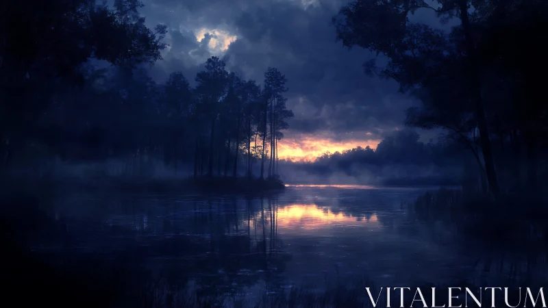 Forest lake reflects narrow sunset band beneath storm clouds