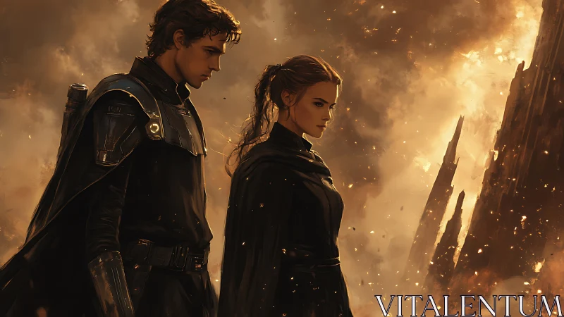 Two armored figures stand before burning rocky formations