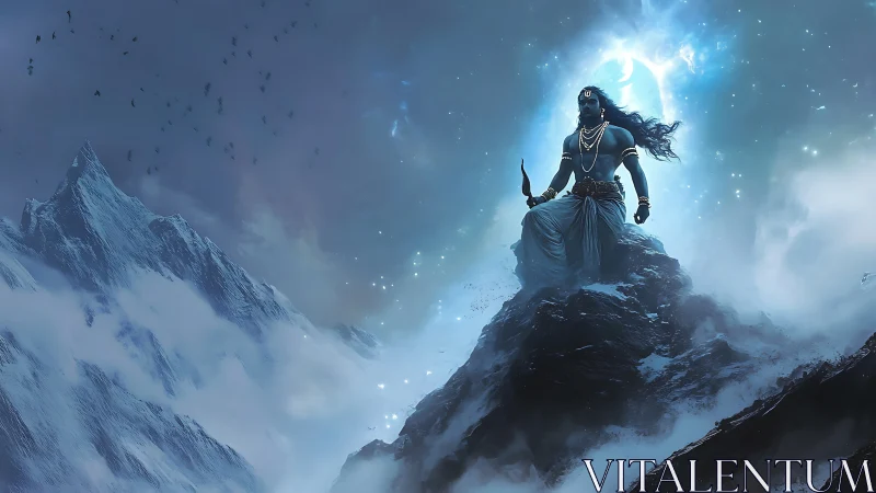 Divine figure on icy summit under crescent-lit celestial storm.