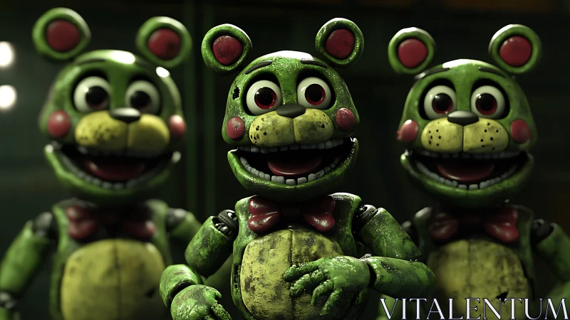 Triad of worn animatronic bears under dramatic studio lighting