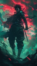 Stormlit rogue samurai strides through molten twilight skies.