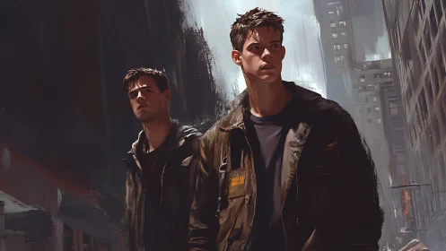 Weathered brothers stride through steel canyons of doubt.