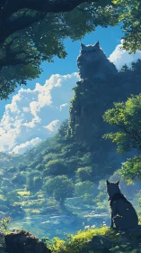 Lone wolf gazes toward colossal guardian atop cliff.