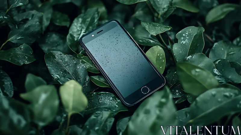 Smartphone resting on wet foliage with water droplets.