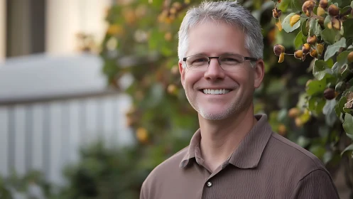 Outdoor portrait of smiling man in soft natural light composition.