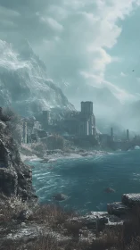Stormlit ruins overlook a cold, restless mountain shore