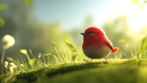 Round red songbird walks across sunlit forest moss