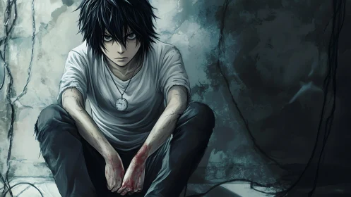 Seated figure with bloodstained hands in dim interior space