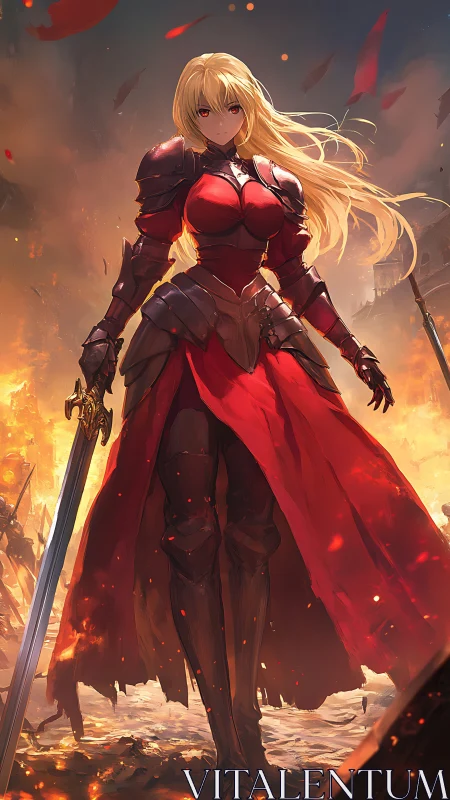 Armored blonde warrior stands in front of burning battlefield