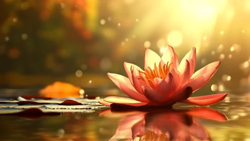 Sunlit lotus flower drifting on golden reflective water.