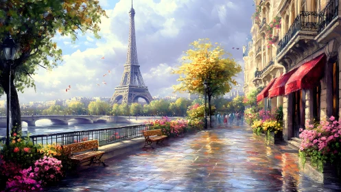 Romantic Paris street scene with Eiffel Tower and river.