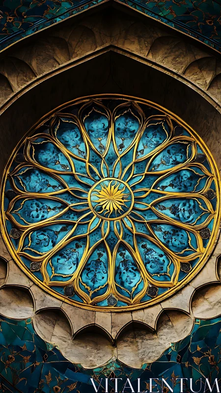 Turquoise stained glass mandala with ornate golden tracery.