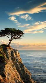 Lone seaside tree welcoming sunset above sunlit cliffs.