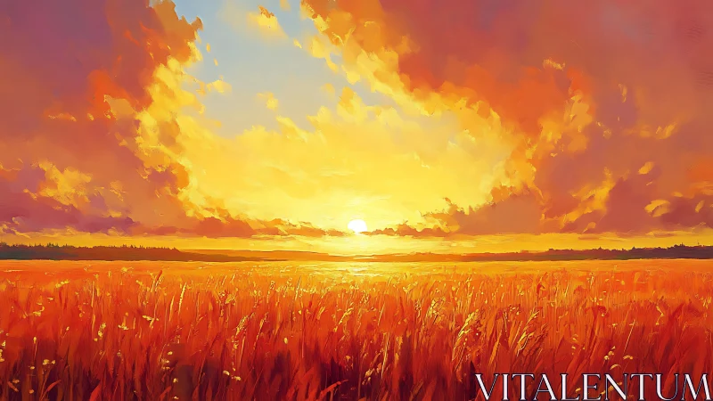Sun-soaked wheat horizon blazing beneath molten clouds.