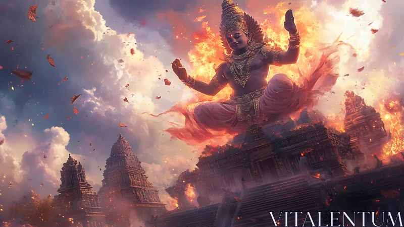 Skyborne fire deity above temples in storm of embers.