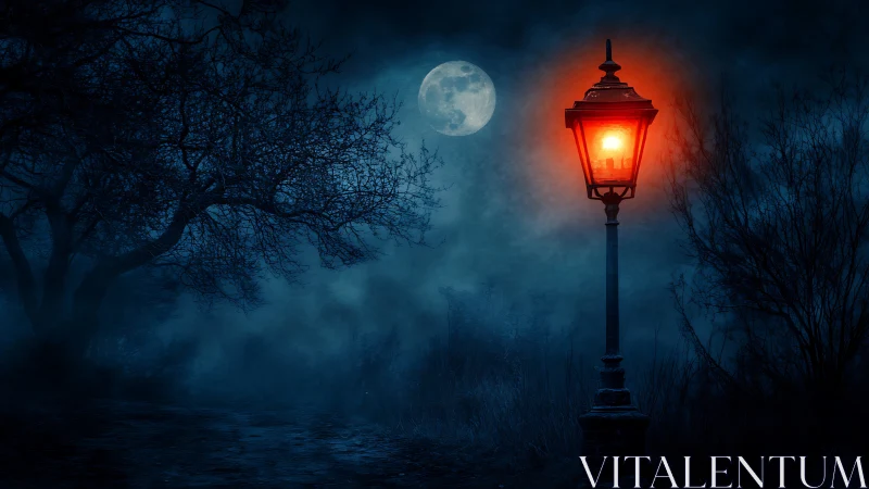 Warm red lamppost guiding the way through a misty moonlit night.
