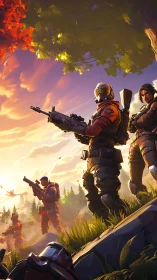 Armored squad advances through sunlit forest battlefield.