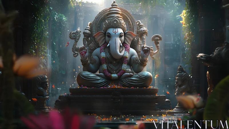 Gentle elephant deity sits in a glowing jungle temple sanctuary