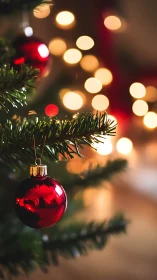 Red bauble glows warmly against soft Christmas tree lights