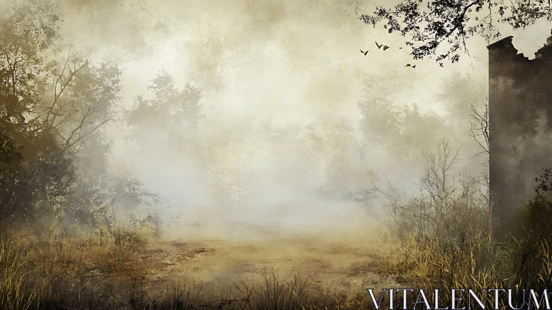 Foggy woodland path with distant birds and old structure.