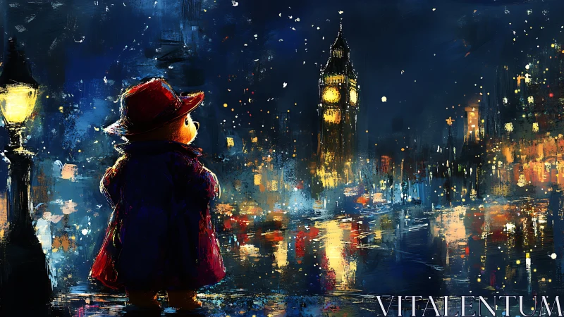 Coated bear in red hat watches luminous London skyline softly