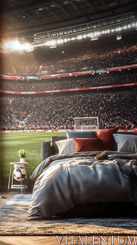 Football stadium bedroom interior with cinematic field view.