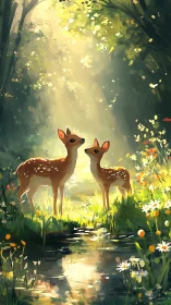 Digital painting of twin fawns in luminous forest clearing.