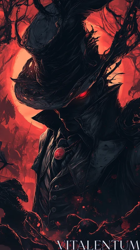 Dark-clad figure stands before red backlit lunar disc