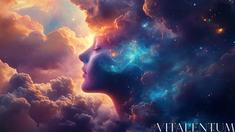 Human profile silhouette merges with colored nebula clouds