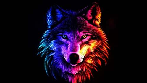 Neon twilight wolf blazing in prismatic cosmic fire.