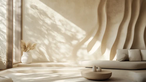 Minimalist sand-toned lounge with sculpted wave wall lighting.