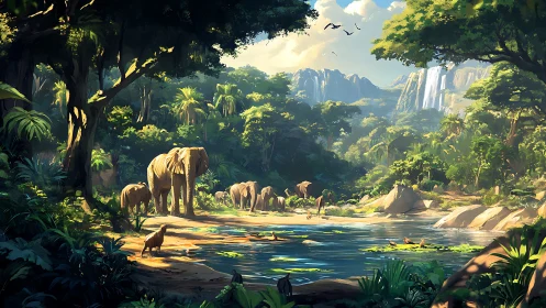 Elephant herd at jungle waterhole under bright daylight.