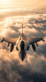 Sunlit jet predator slices molten clouds at golden hour