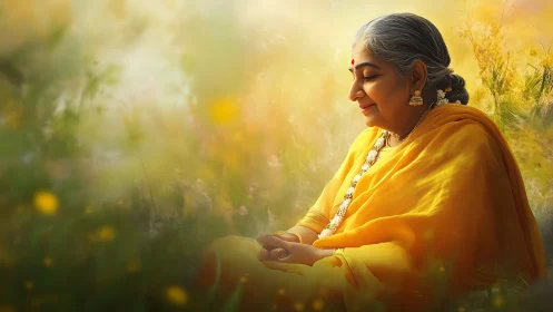 Elderly woman meditating in golden sunlight, soft artistic style.