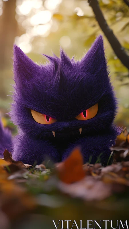 Furry purple creature with sharp eyes in autumn forest.