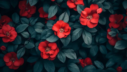 Red roses bloom densely against layered teal foliage background