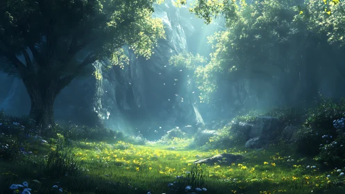 Enchanted Forest Canyon with Golden Light and Wildflowers.