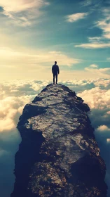 Solitary figure stands on jagged summit above glowing clouds.