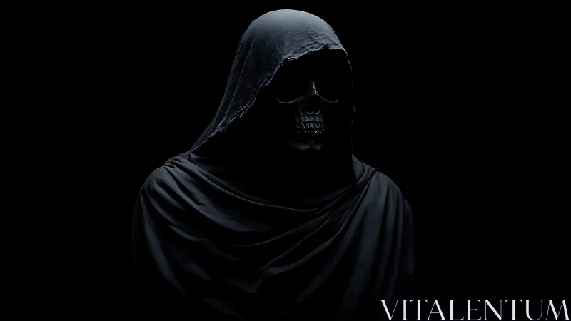 Shrouded skeletal reaper emerging from deep blackness.