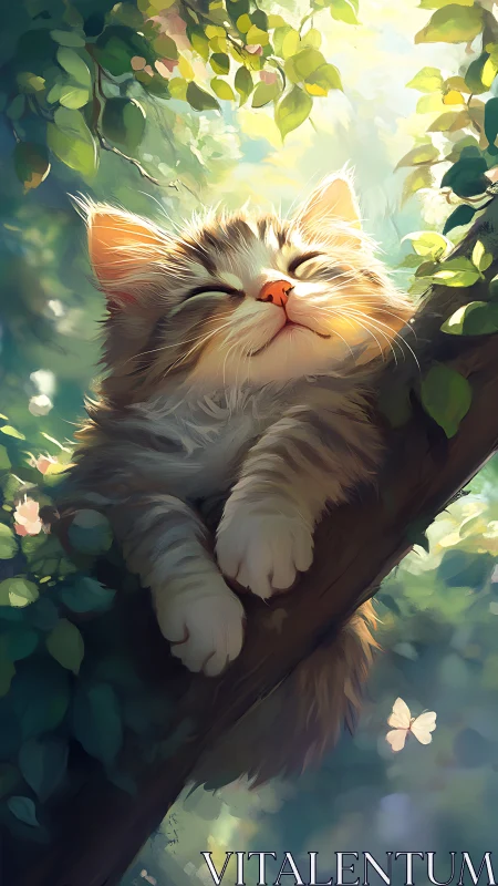 Content cat rests peacefully on a tree branch bathed in golden sunlight